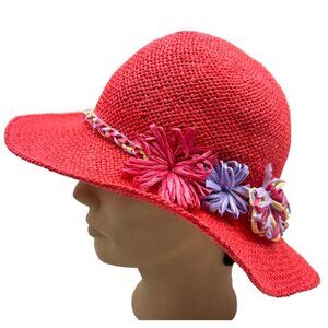 Inverni Hat Red Raffia Flower Trim Sun Beach Garden Party Floppy Italy
